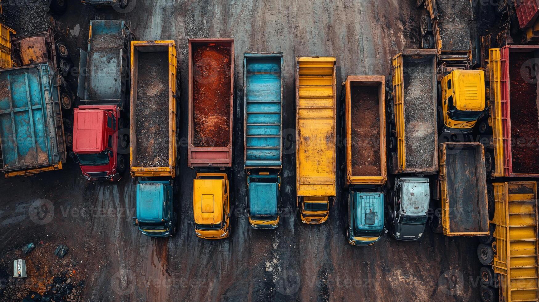 A lineup of trucks parks in a quarry, ready to transport minerals. Each truck features a distinct color as they await loading with extracted materials from the mining site. photo
