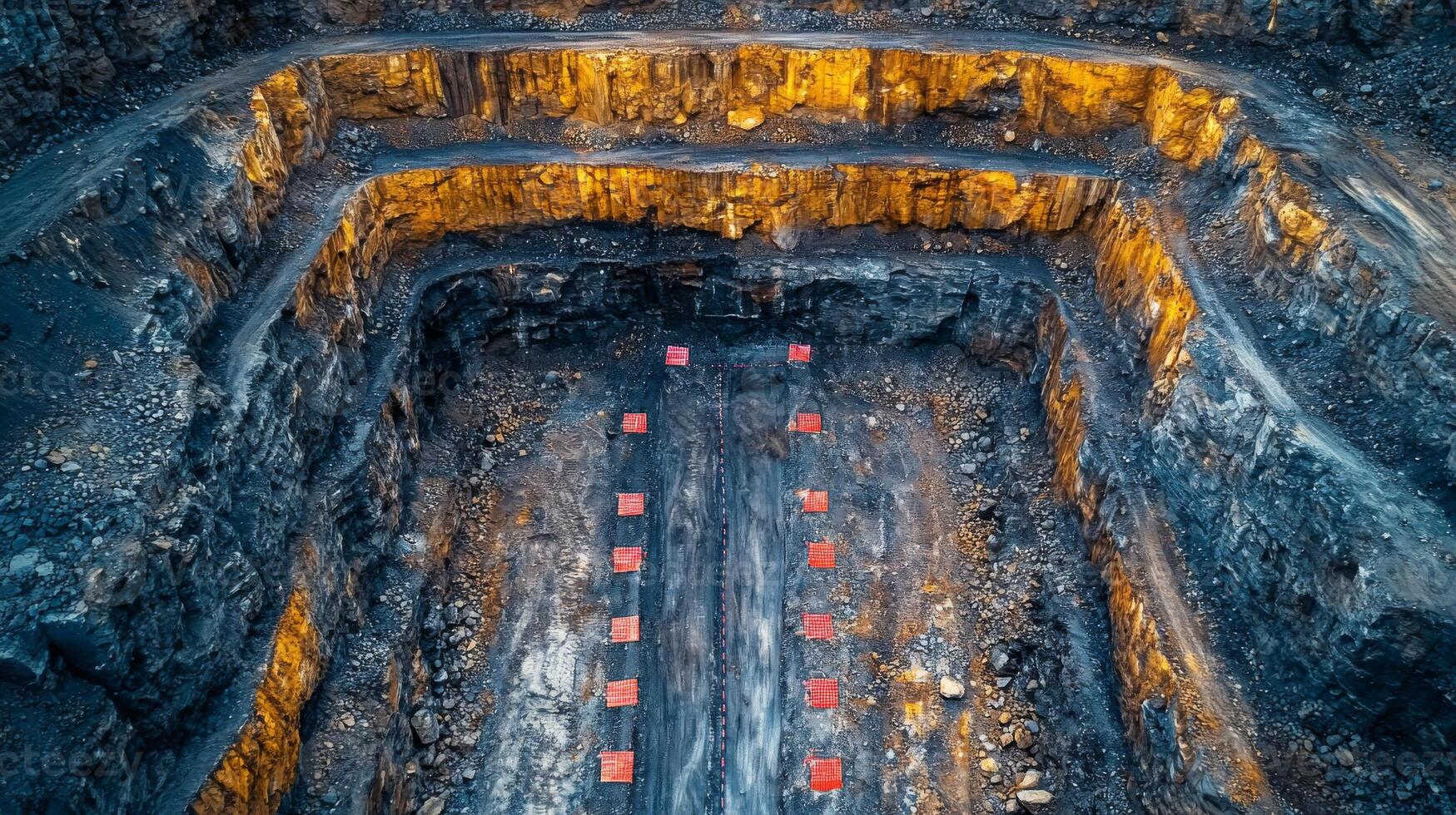 Heavy machinery and equipment are positioned within a vast quarry, highlighting the multiple layers of rock being excavated for mineral extraction. The site is actively processing materials. photo
