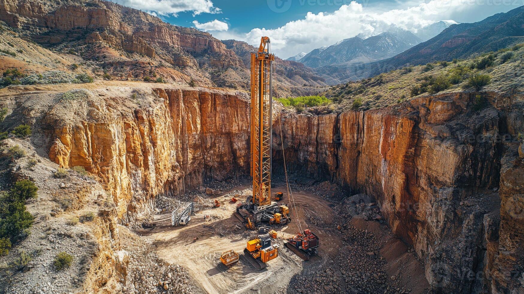 Heavy machinery is actively engaged in drilling and excavation tasks within a large quarry, surrounded by rugged mountains and a clear blue sky, indicating a productive mining operation. photo