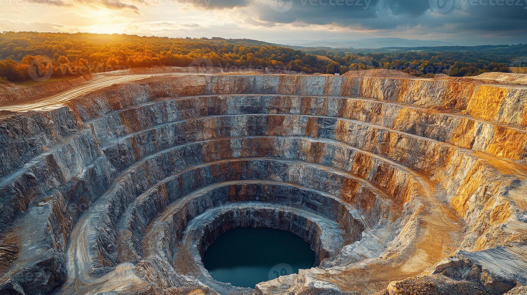 A large open pit mining site demonstrates extensive excavation with layered rock formations. The sun sets on the horizon, casting warm light over the quarry and surrounding trees. photo