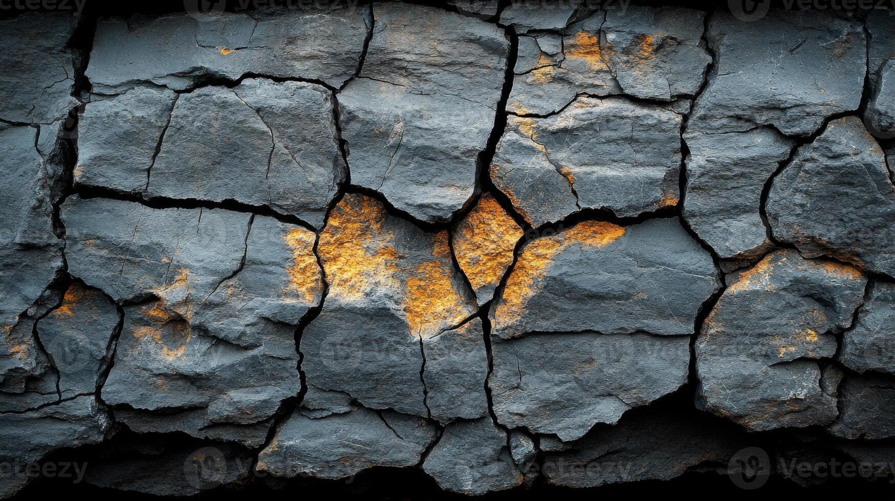 Close up of cracked rock layers in a mining site, illustrating the textures and colors of minerals. The irregular fractures reveal the geological processes involved in extraction. photo
