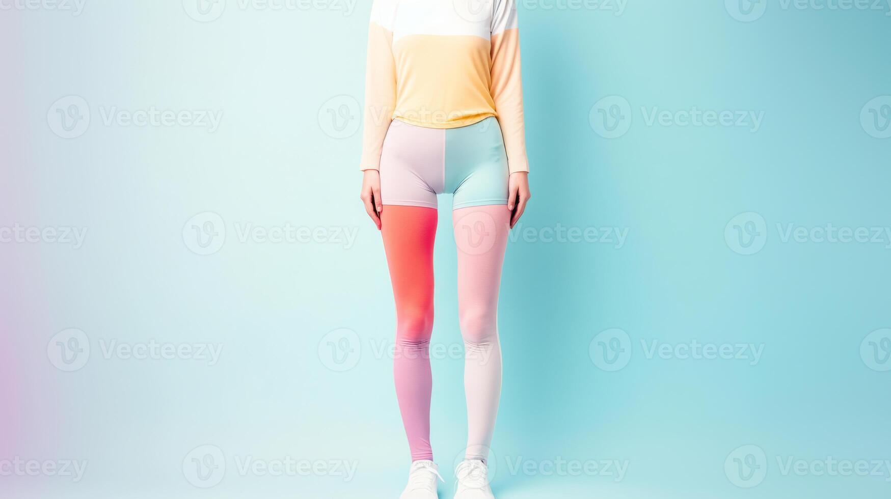 A woman showcases vibrant pastel workout clothes, blending comfort with fashion. She stands confidently against a smooth blue background, embodying an active lifestyle in a serene setting. photo