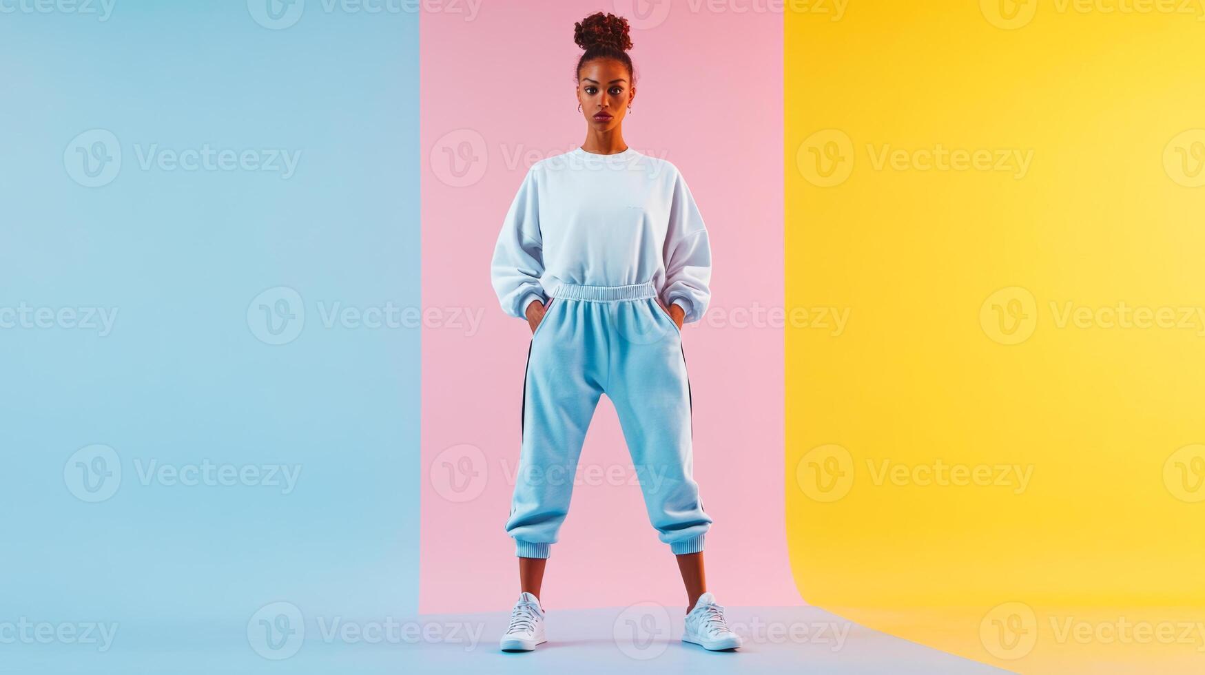 A woman stands confidently in a stylish, sporty outfit with her hands in her pockets. The pastel background features a blend of soft blue and yellow hues, adding a refreshing vibe to the scene. photo