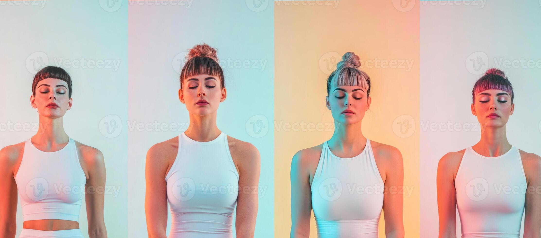 A focused woman stands in sporty clothing, eyes closed in a moment of mindfulness. Her stylish pastel background transitions from cool to warm tones, enhancing the serene atmosphere. photo