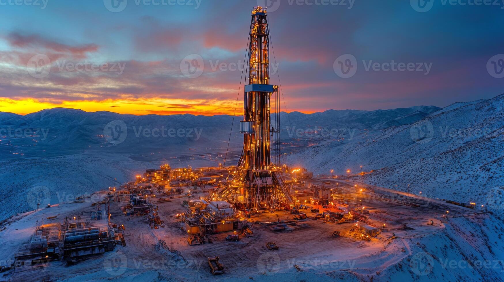 A large drilling rig illuminated against a twilight sky works on extracting petroleum in a snowy, mountainous area. Surrounding infrastructure supports the operation. photo