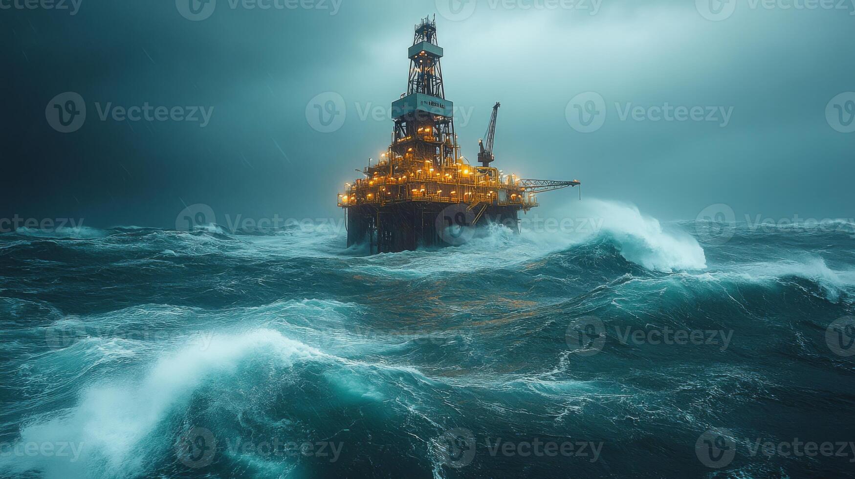 A drilling rig stands tall amid turbulent waves and dark skies, engaged in the extraction of petroleum in challenging offshore conditions, highlighting the intensity of the operation. photo