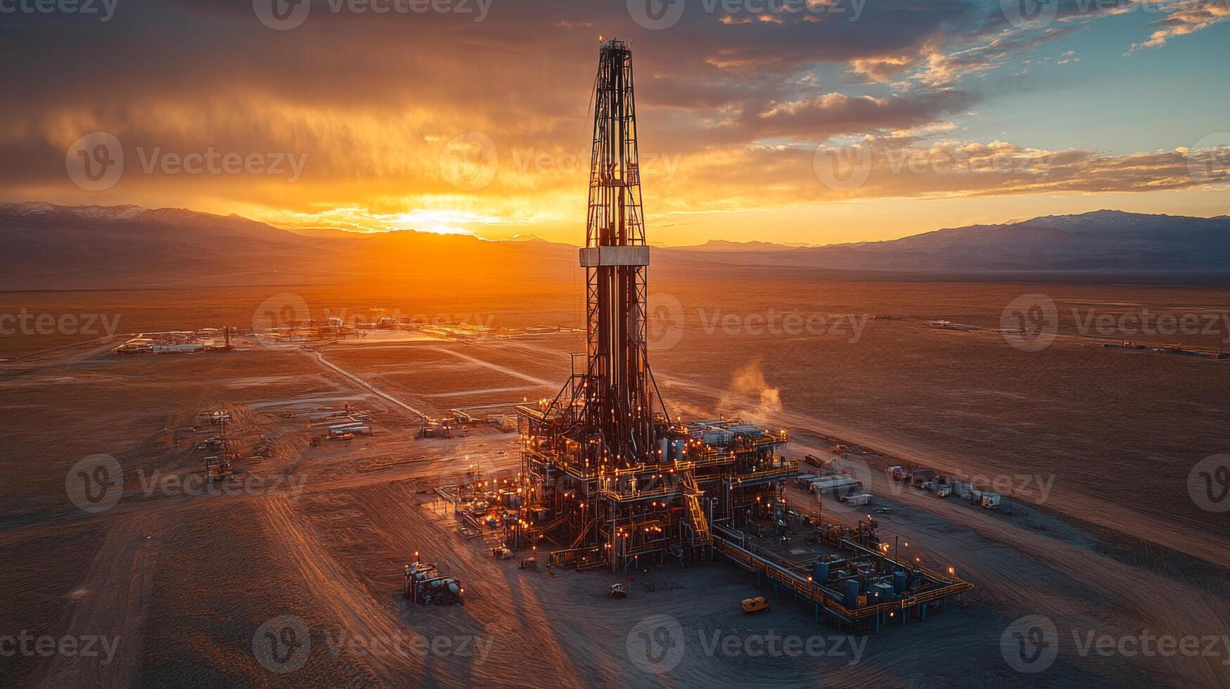 Drilling activities take place at a site during sunset, with a view of infrastructure and machinery set against a vast desert landscape. photo