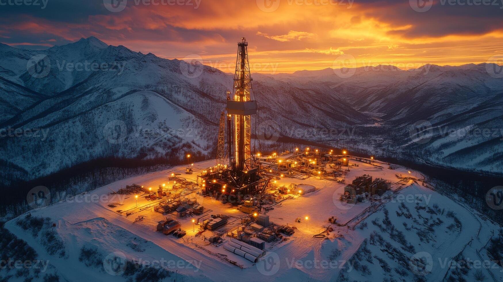 Illuminated drilling platform stands prominently against a winter sunset, surrounded by snow covered mountains and bustling extraction activities, showcasing the energy industry. photo