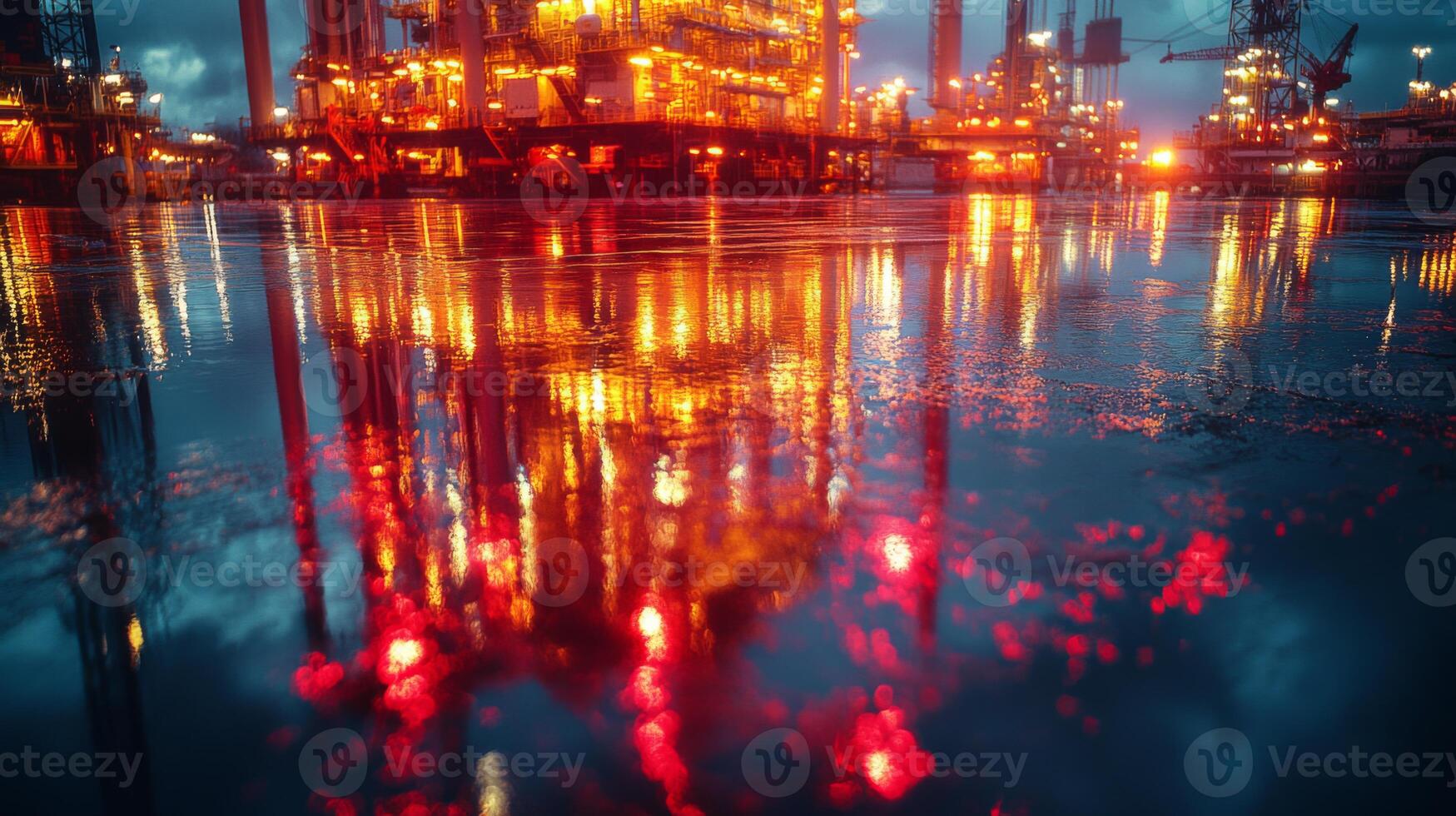 Brightly lit offshore drilling platforms operate amid a dusk backdrop, creating dazzling reflections on the water's surface as oil extraction continues. photo