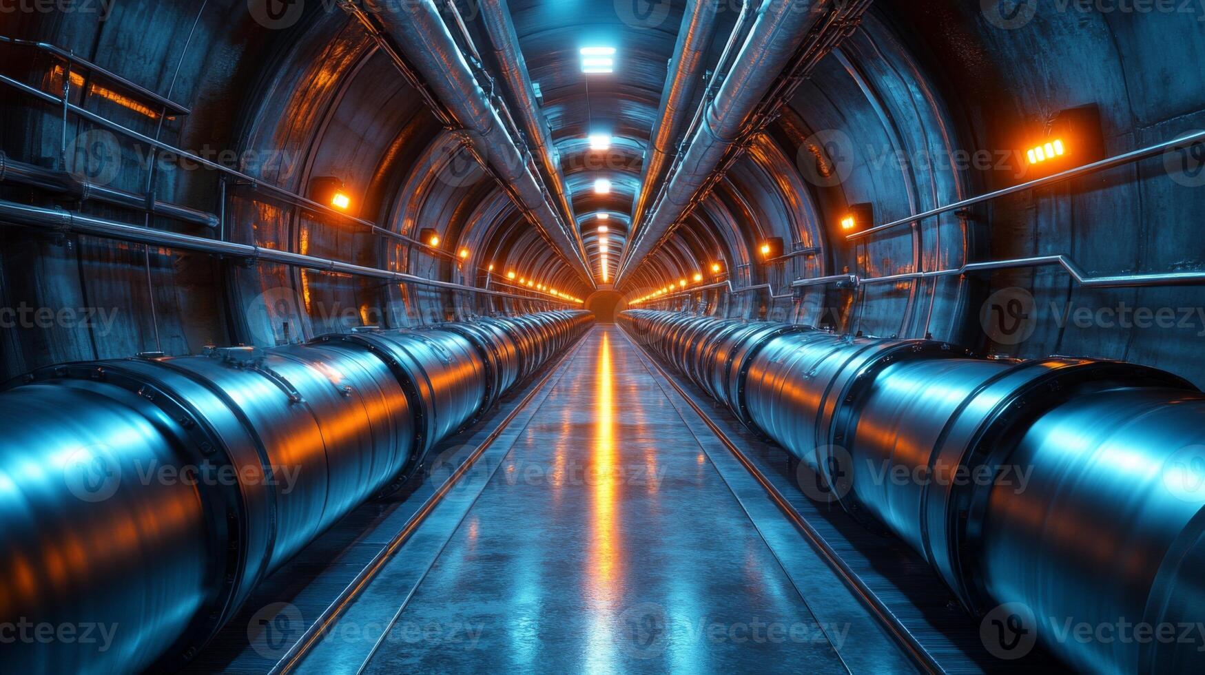 A long underground tunnel reveals large metallic pipelines, illuminated by soft orange lights. The structure showcases modern technology used in extraction and drilling operations. photo