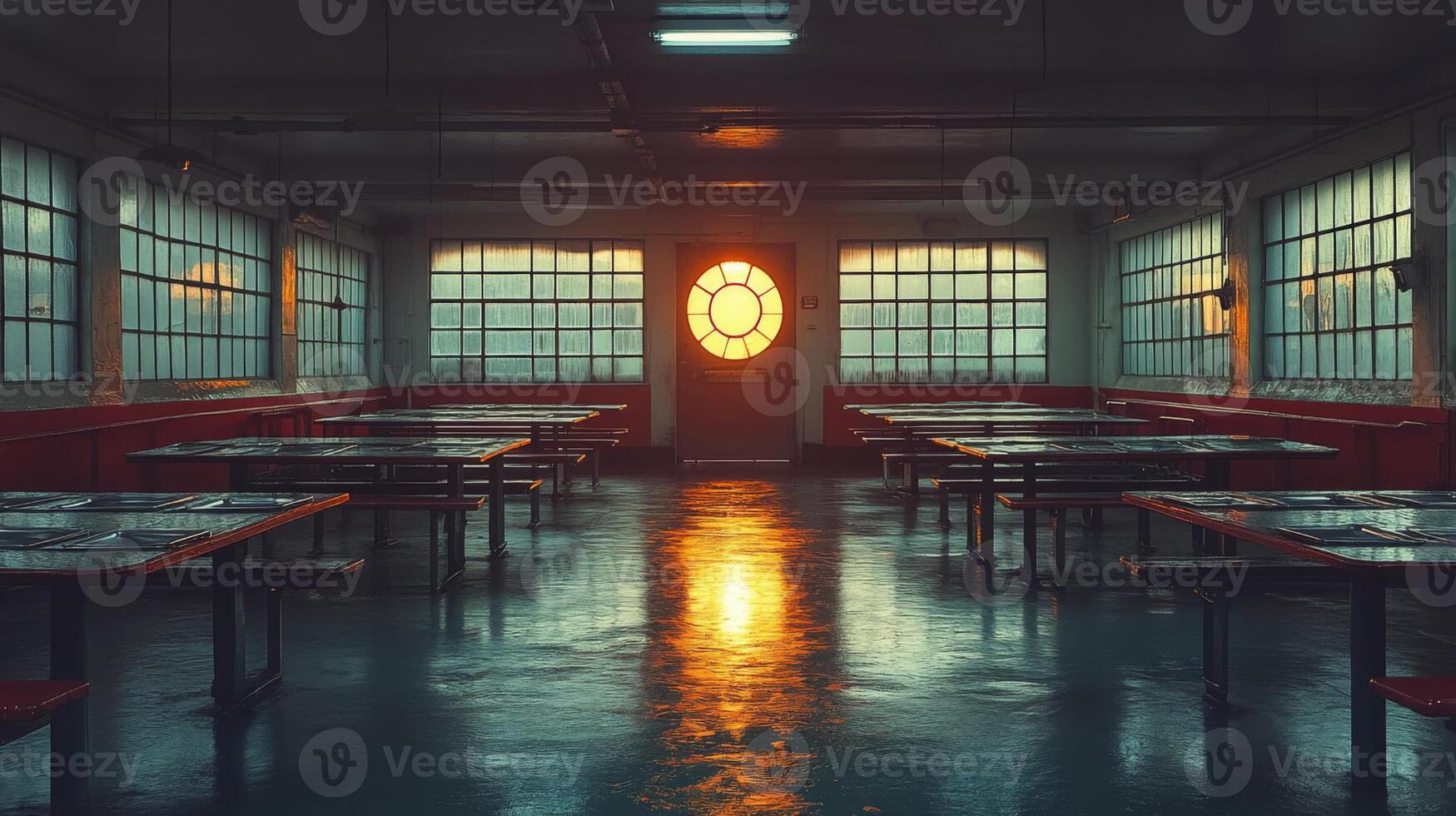 Bright circular window illuminates an empty industrial room within a mining facility at sunset. The polished floor reflects warm light, creating a tranquil yet stark atmosphere. photo
