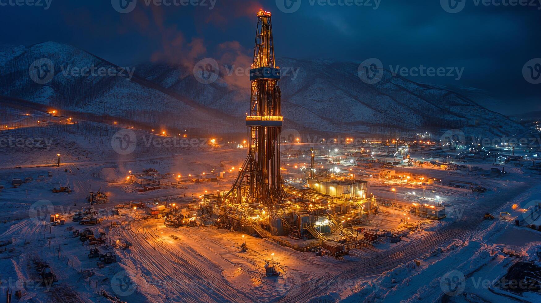 Nighttime drilling operation is ongoing in a snowy terrain with a tall drilling rig illuminated by bright lights, surrounded by support vehicles and extensive infrastructure. photo