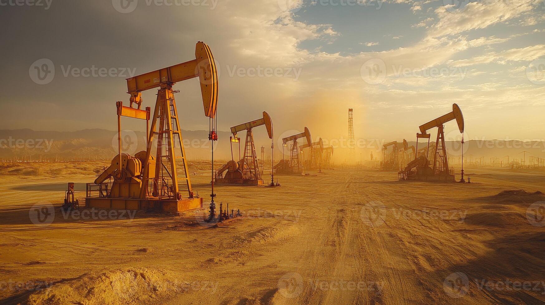 Numerous oil pump jacks operate in a desert landscape under a dust filled sky, capturing the essence of the extraction industry as the sun sets in the background during golden hour. photo