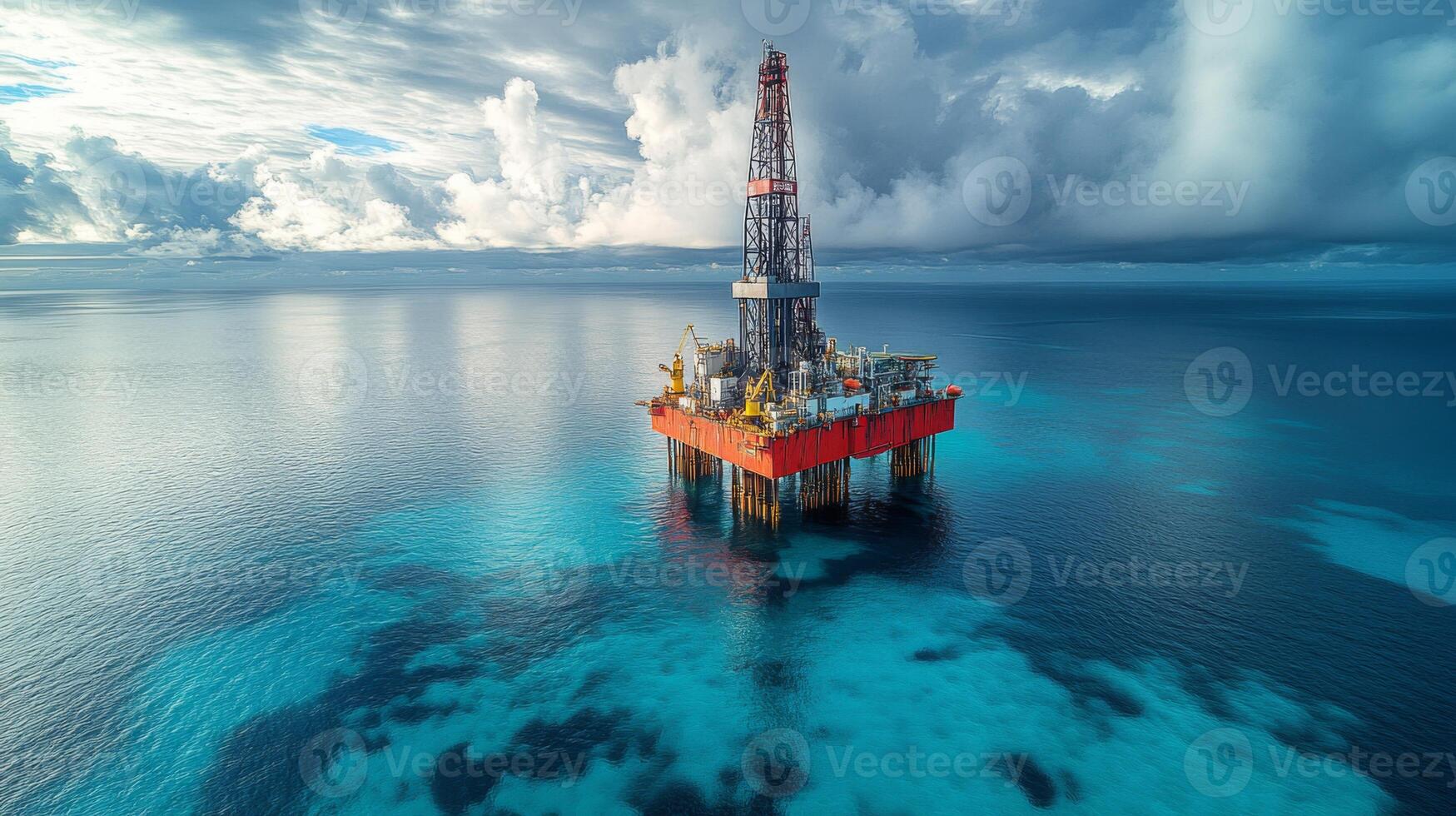 A large offshore drilling rig stands prominently in turquoise waters, surrounded by vast ocean under a cloud filled sky, highlighting advanced petroleum extraction techniques. photo