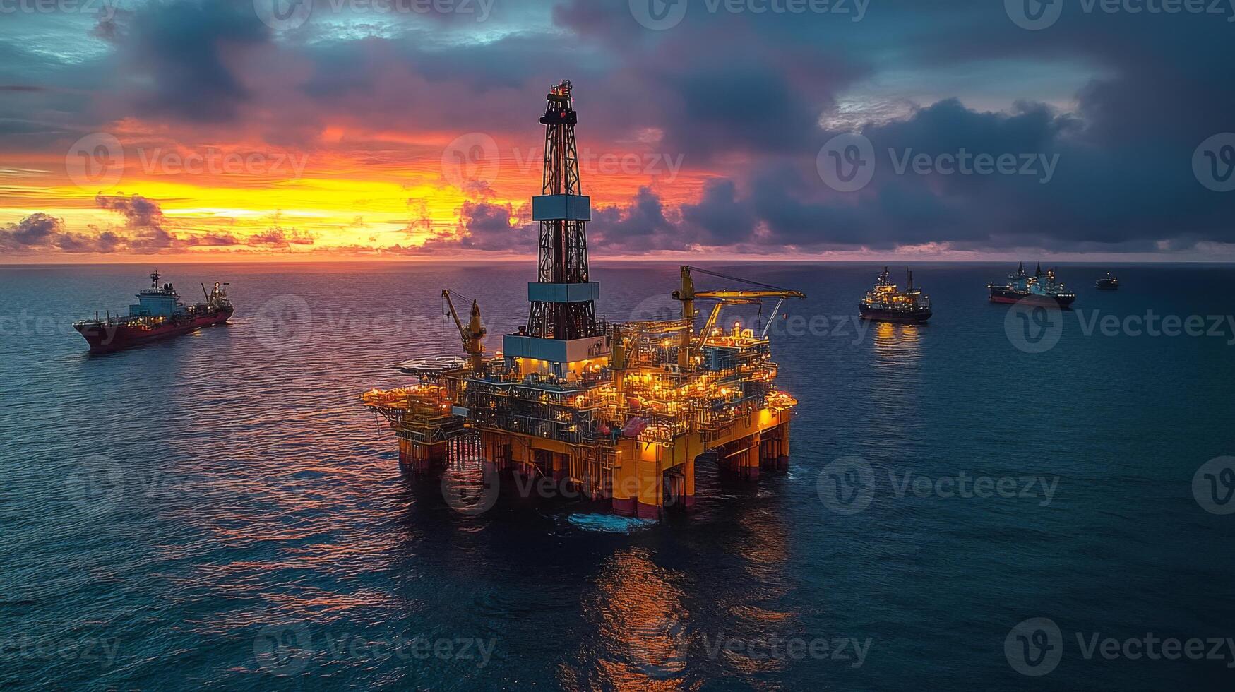 An offshore oil drilling rig is brightly lit against a stunning sunset. Surrounding vessels are anchored nearby, creating a serene yet industrial environment in the ocean. photo