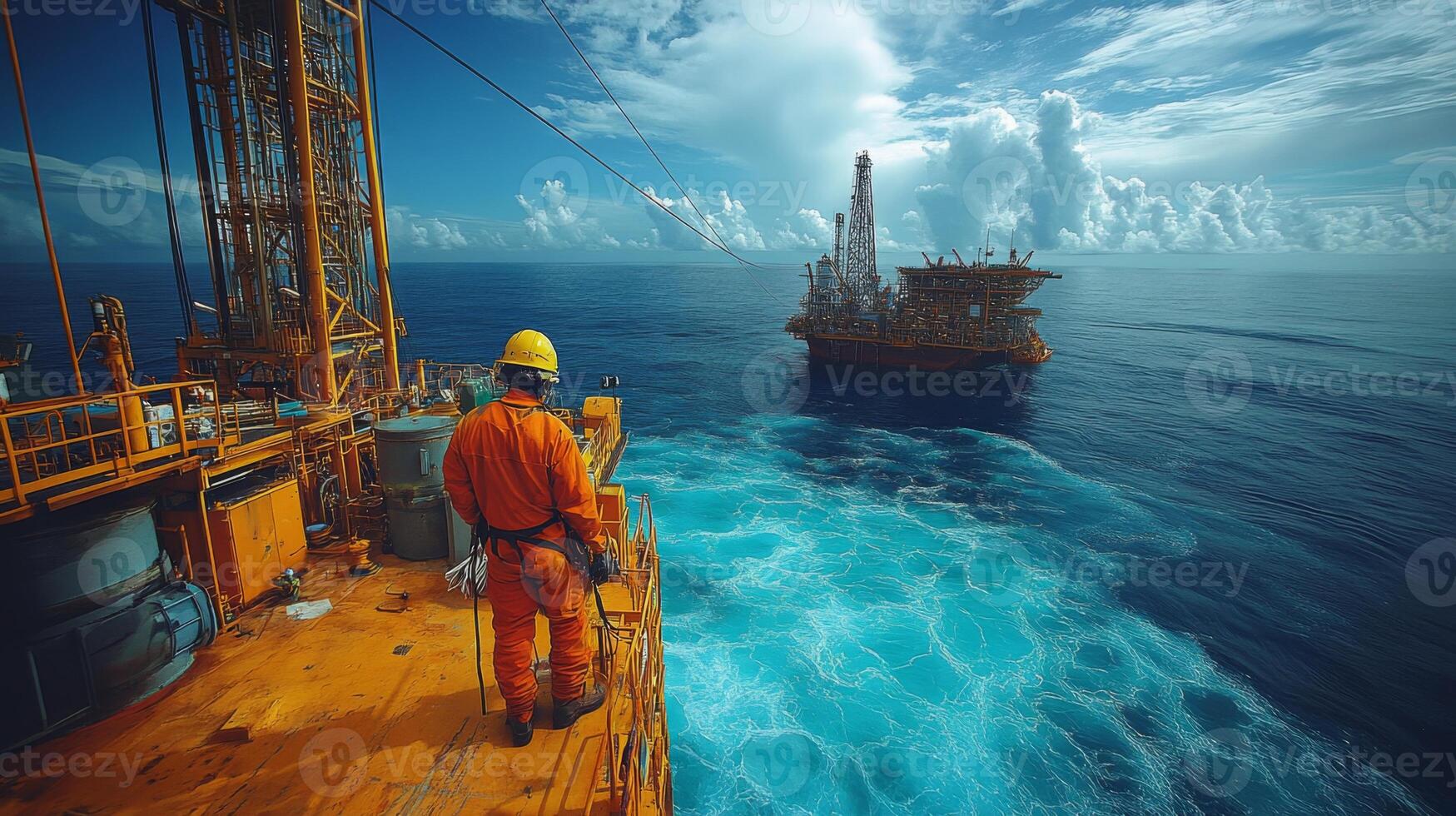 Workers monitor oil drilling processes from a platform, while an offshore rig extracts resources in deep blue waters under a dynamic sky with clouds. photo
