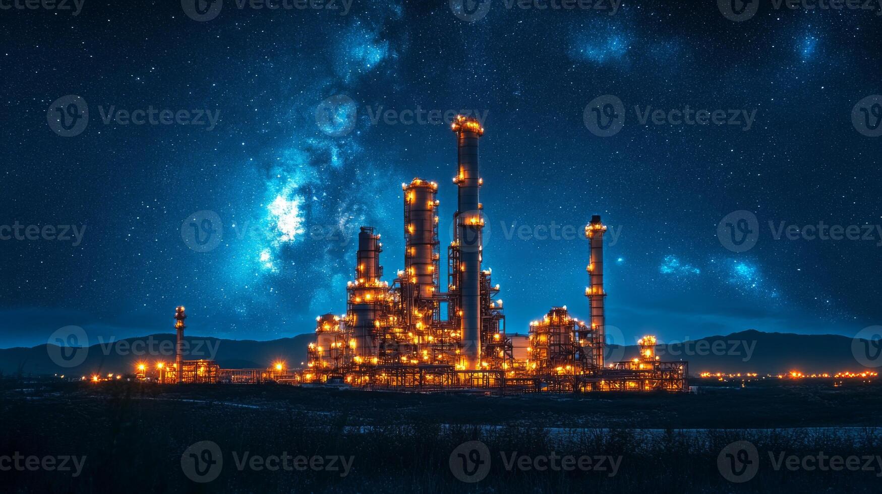 Brightly lit refinery towers rise against a starry night, highlighting intricate engineering in petroleum processing. The scene captures the scale and beauty of modern industry. photo