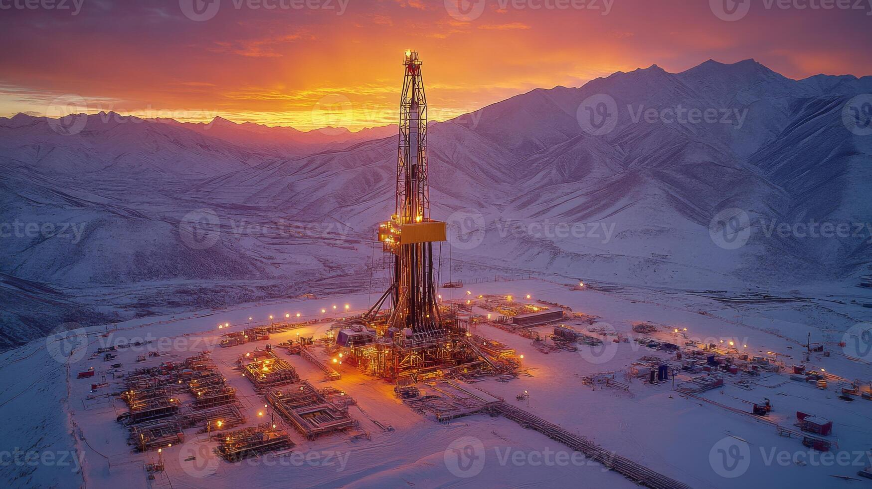 A drilling rig stands tall against a colorful sunrise, surrounded by snow covered mountains, showcasing extraction and metallurgy operations at a remote petroleum site. photo