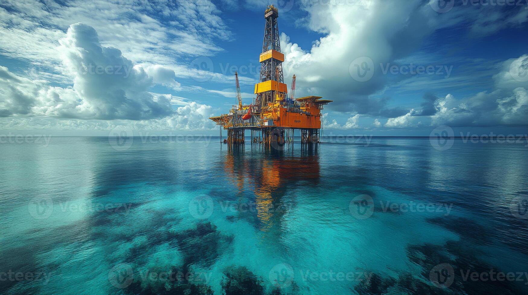 A large offshore drilling rig extends its structures above tranquil waters, reflecting the vibrant blues of the ocean and the contrasting white clouds above during daylight. photo