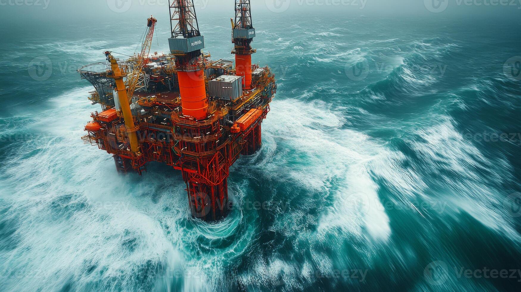 A large offshore drilling platform is actively extracting petroleum while facing rough seas and strong winds. photo