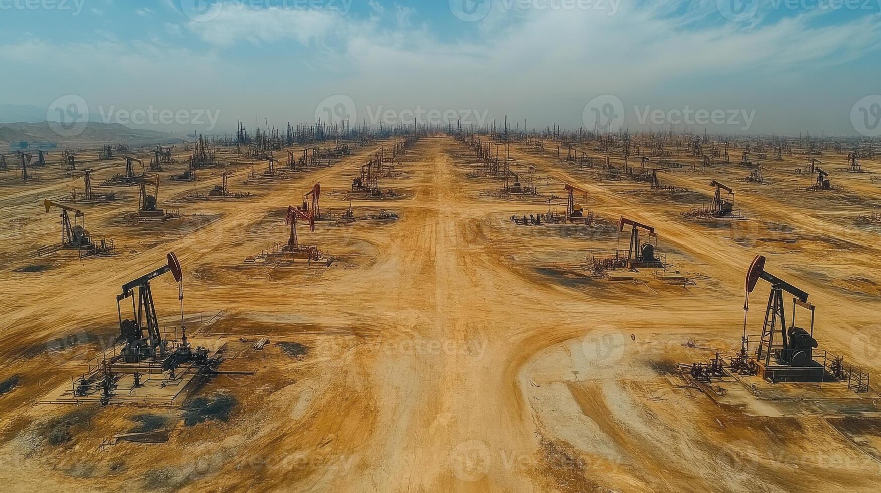 An extensive oil extraction site shows multiple drilling rigs and pipelines in a sprawling desert area with minimal vegetation. The sky is clear, and the environment appears dry. photo