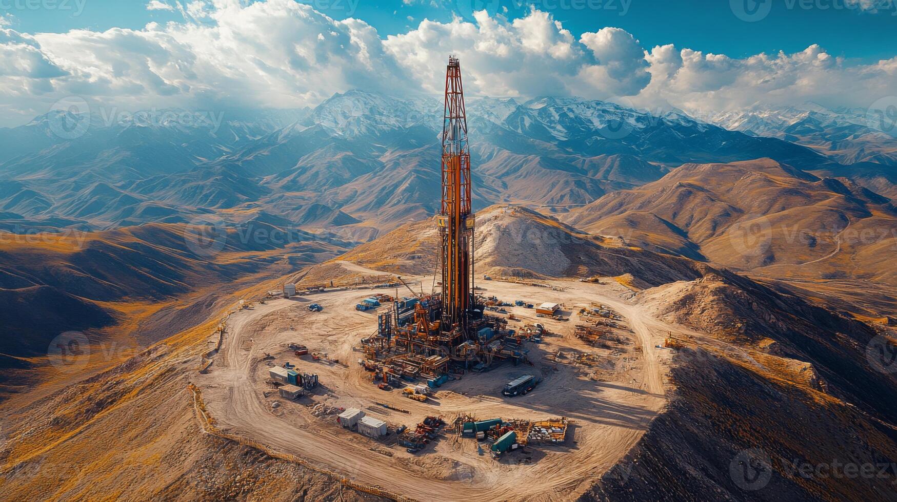 Workers engage in oil drilling at a high altitude site surrounded by majestic mountains under a bright sky. Heavy machinery and equipment are present, emphasizing extraction activities. photo