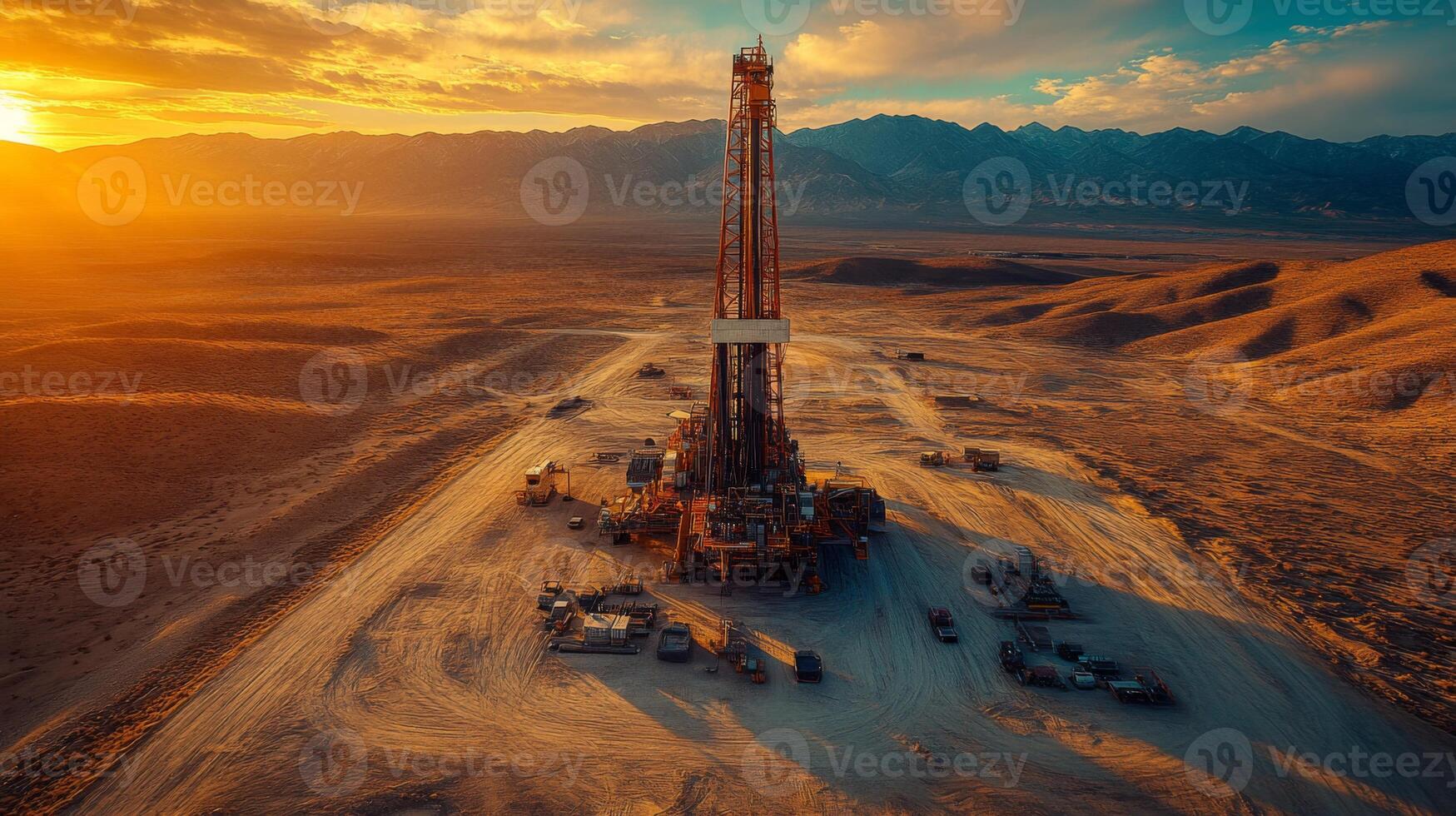 Heavy machinery is actively drilling for oil in a remote desert landscape as the sun sets behind distant mountains, illuminating the area with a warm glow, showcasing the industrial effort. photo