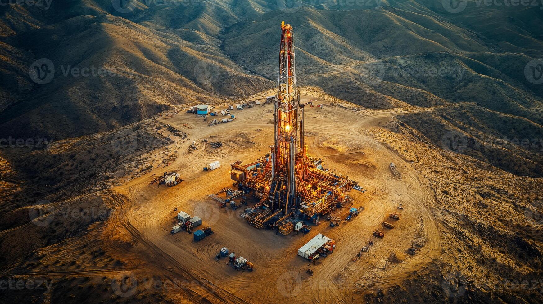 A drilling rig stands prominently in a vast desert area, illuminated by the warm glow of sunset. Surrounding equipment and vehicles indicate ongoing mining and extraction operations. photo