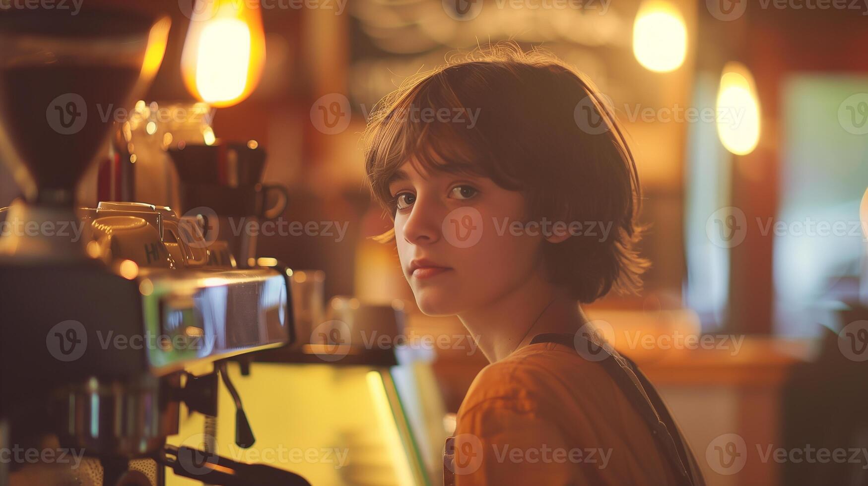 This young person behind the counter of a cafe displays focus and enthusiasm while preparing drinks. photo