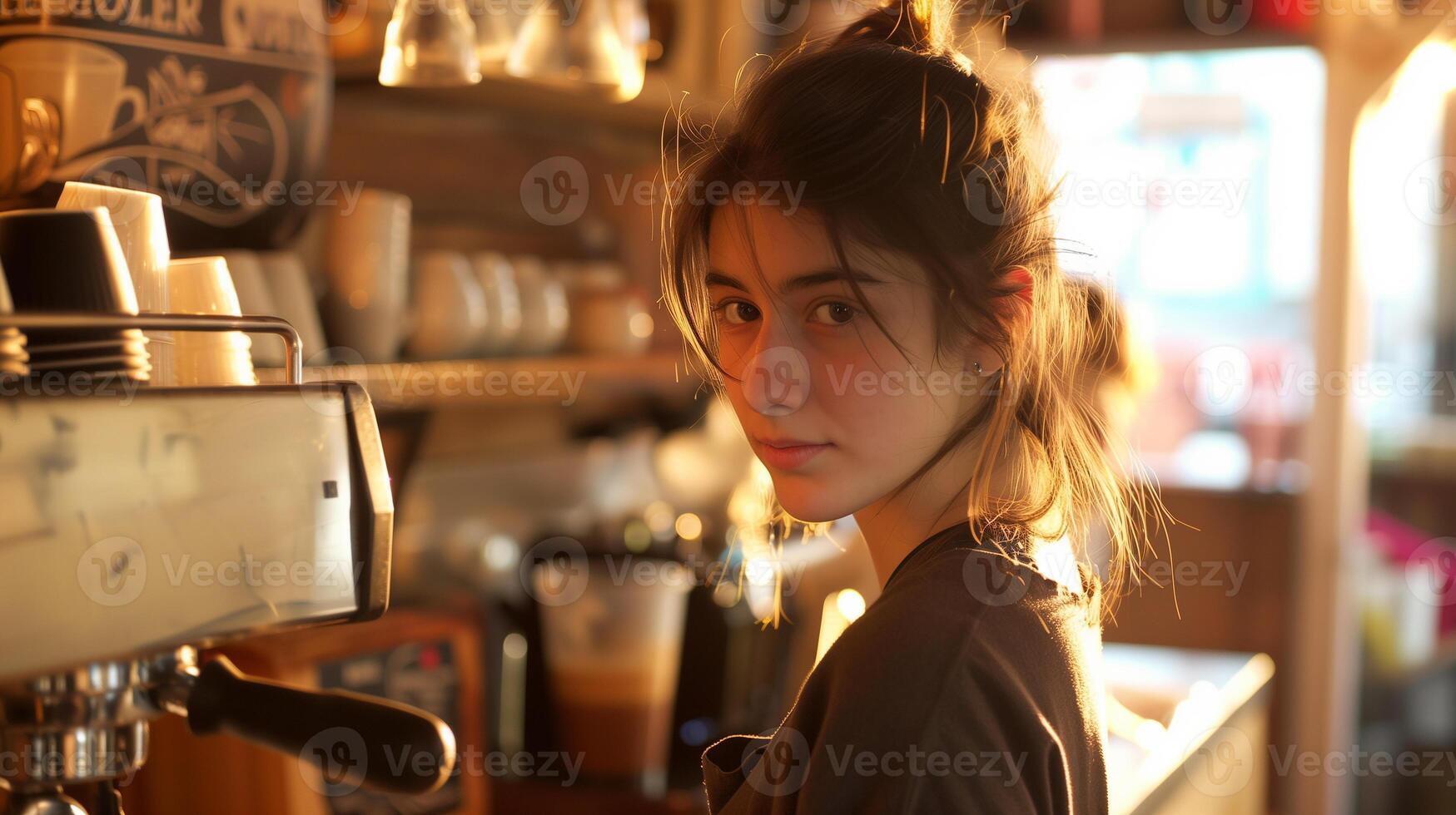 This teenager prepares coffee at a barista station while enjoying the warm light of the setting sun. photo