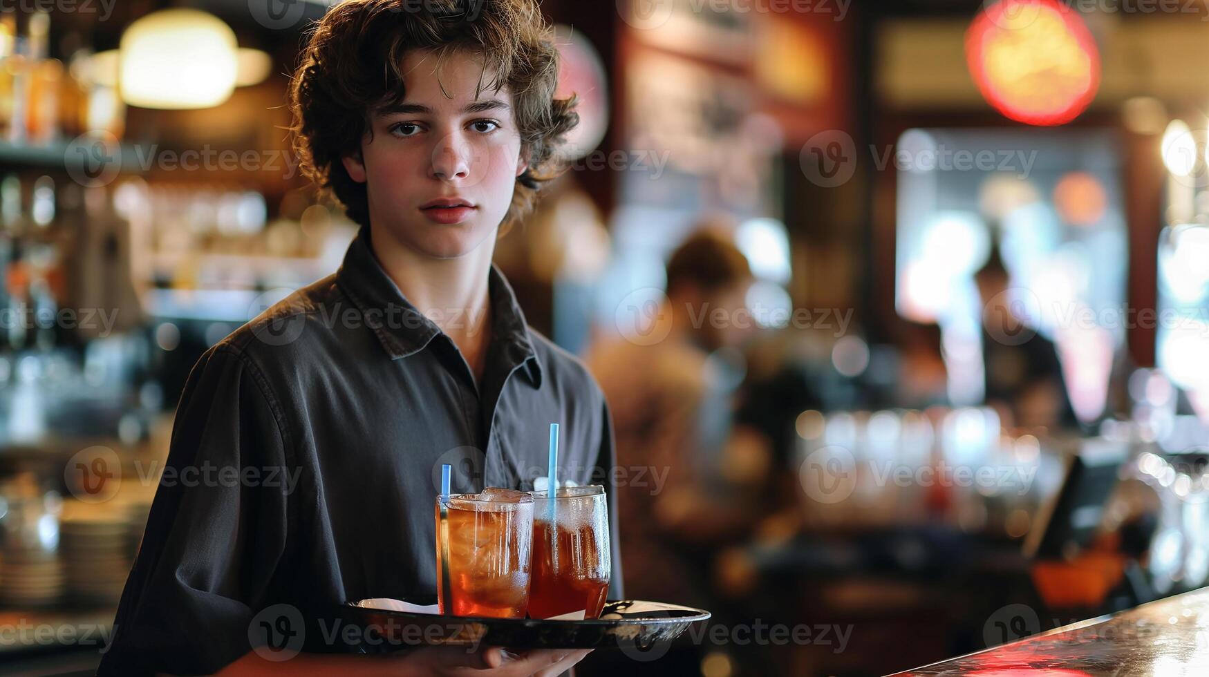 This teenager deftly balances a drink tray in a busy cafe, embodying youthful independence. photo