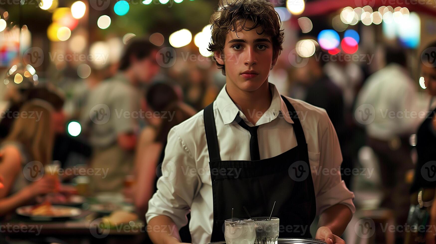 This young boy serves drinks at a busy outdoor restaurant, displaying independence and hard work. photo