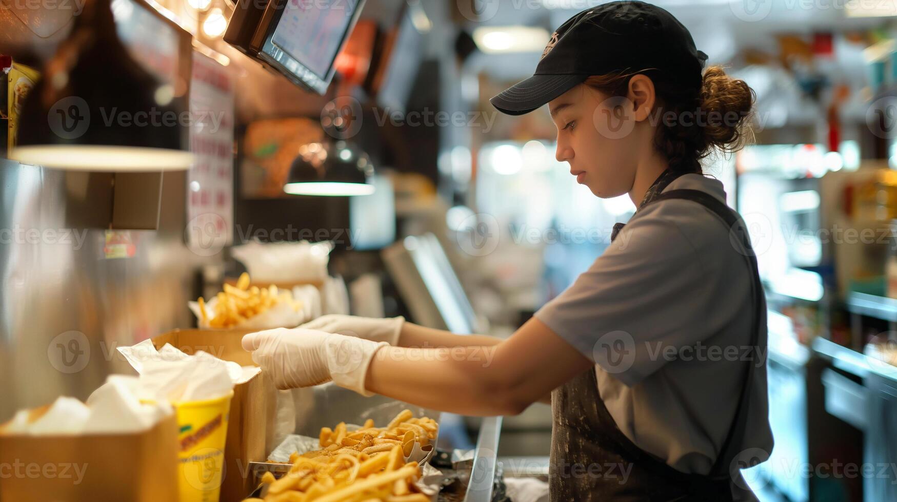This teenager prepares food items in a fast food setting, showcasing independence and dedication. photo