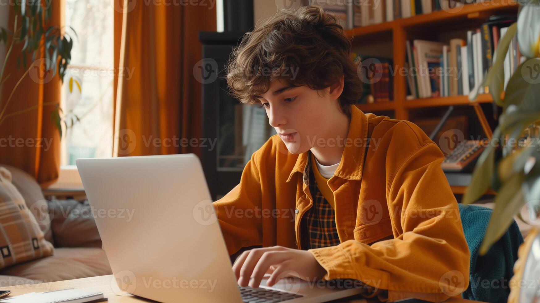 This teenager engages with his laptop at home, showcasing a moment of work and learning. photo