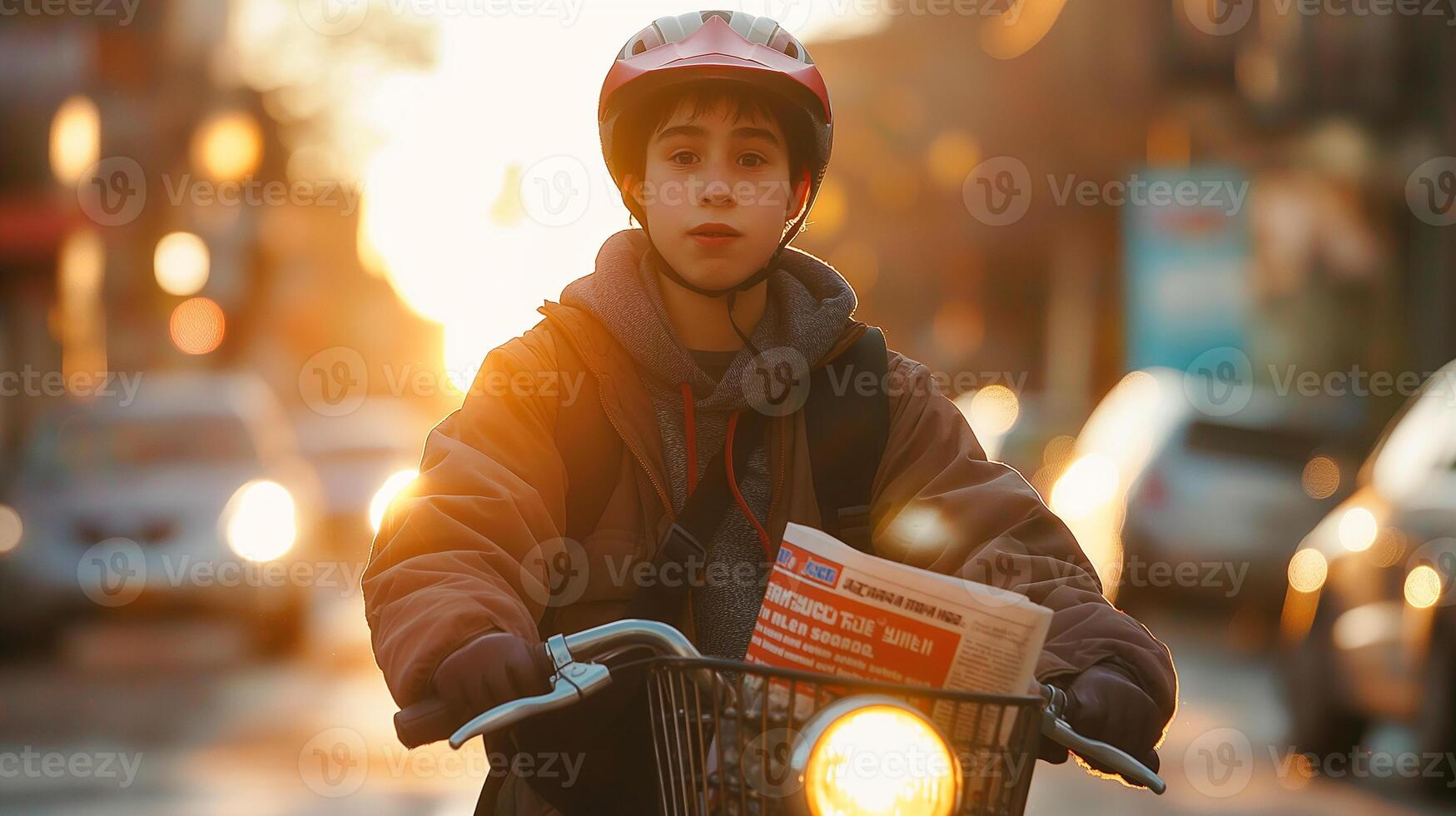 This teenager rides a bicycle, delivering newspapers as the sun rises over the city streets. photo