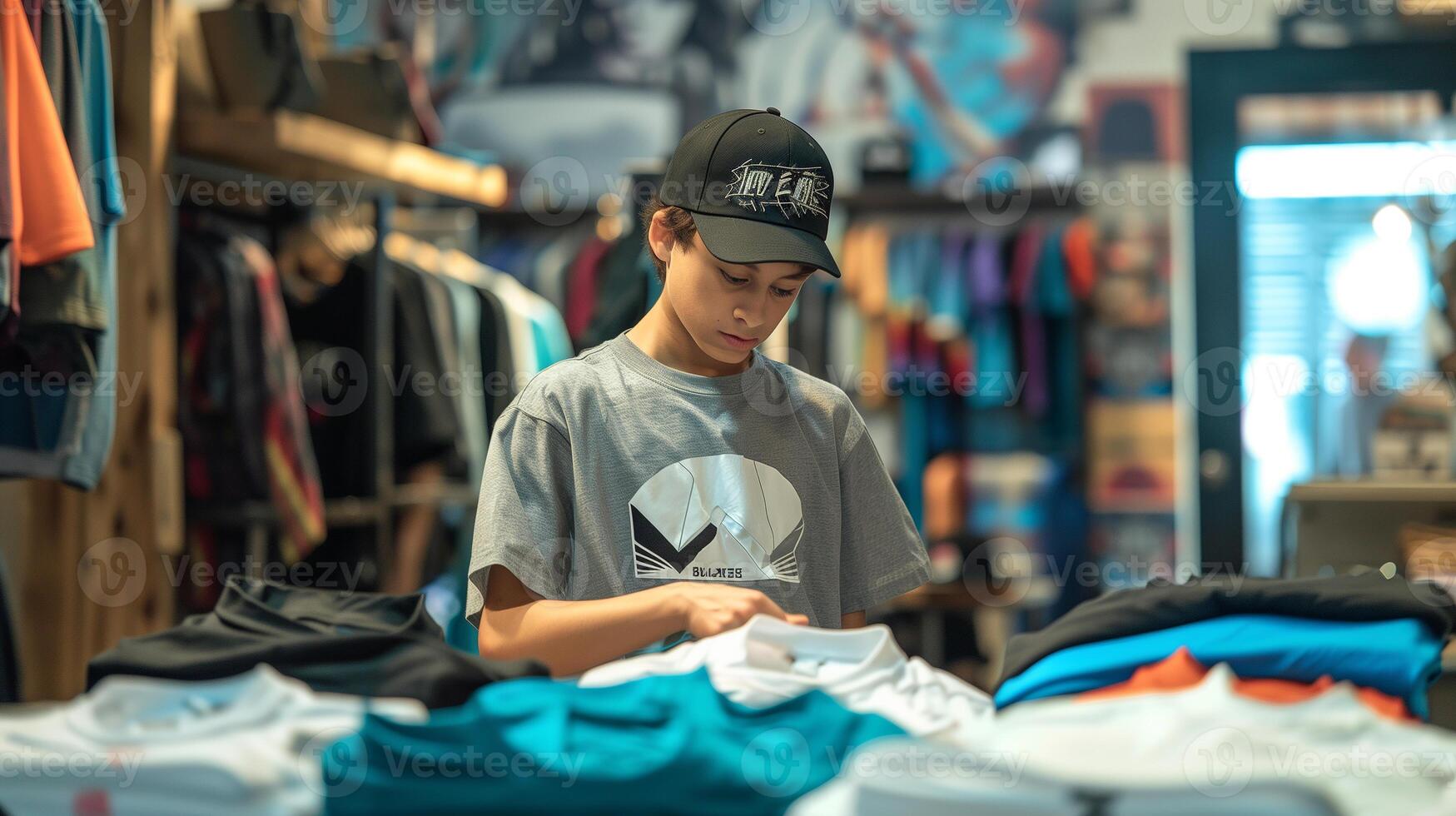 This teenager is focused on sorting and organizing clothes in a trendy retail shop during daytime. photo