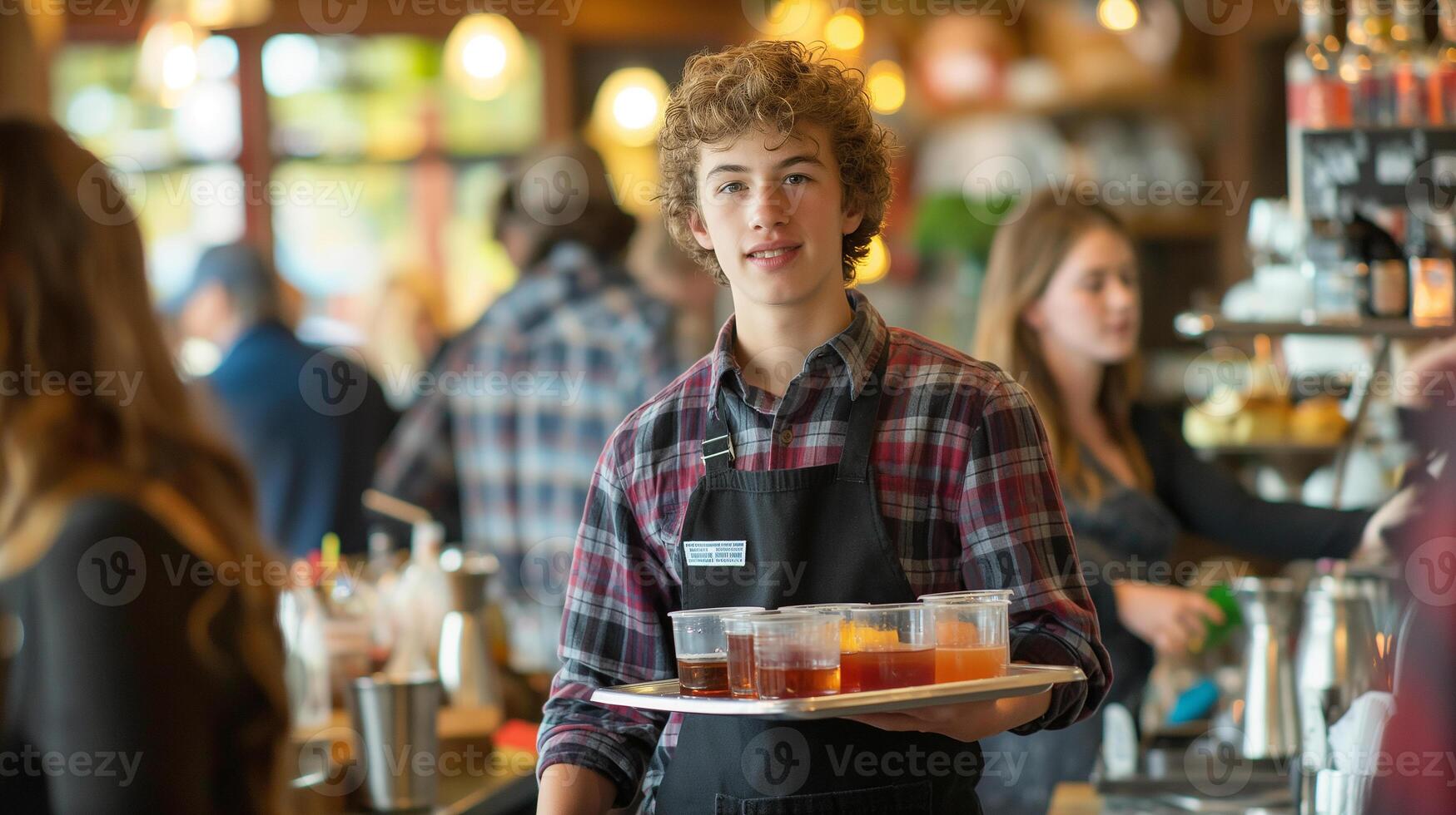 This teenager confidently holds a drink tray in a lively cafe, embodying youthful independence. photo