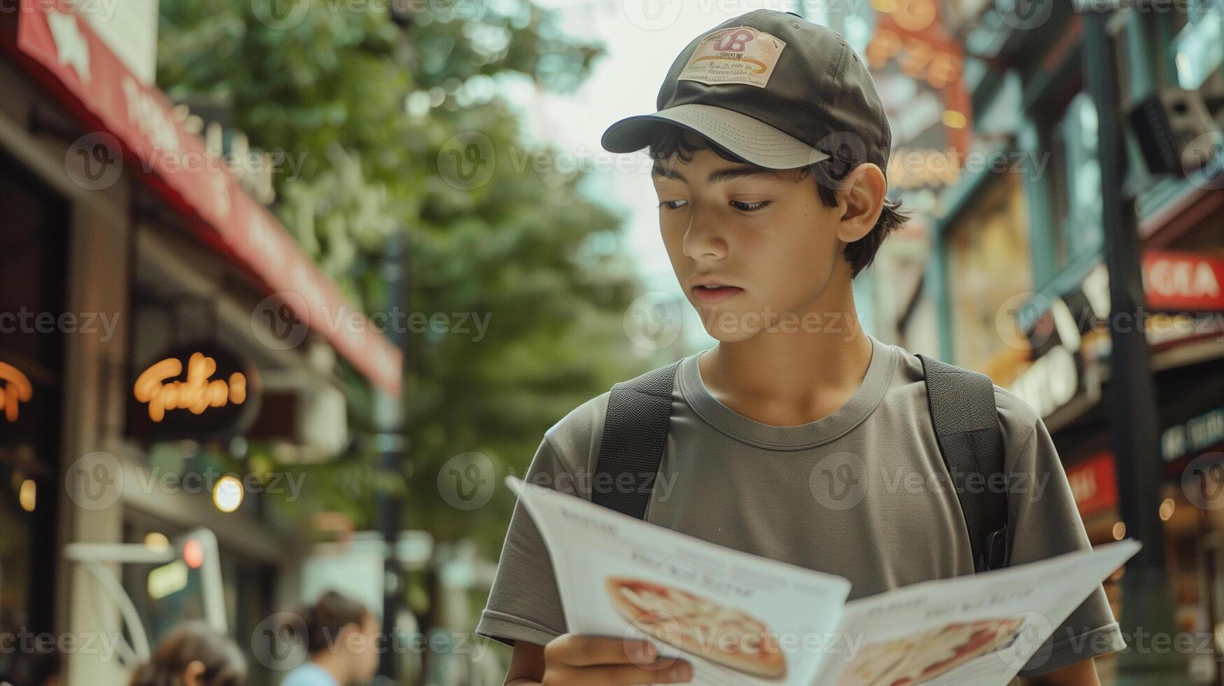 This young person reviews a menu on a lively street, pondering summer job options. photo