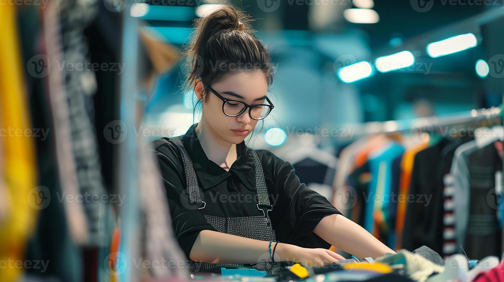This teenager organizes clothing in a retail space, showcasing dedication to her job during the day. photo