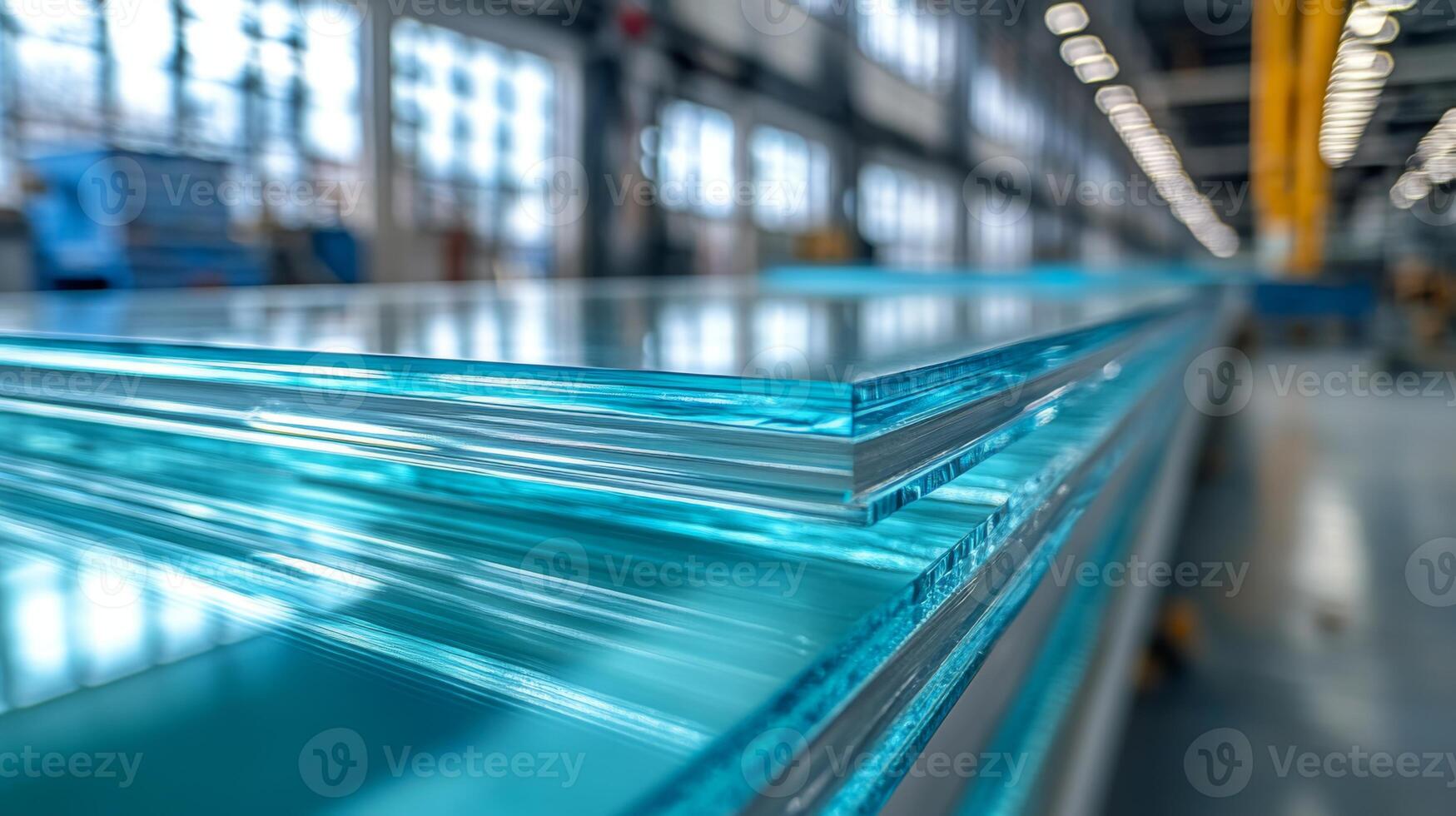 High quality glass sheets are lined up in a manufacturing facility, showcasing precision in fabrication. The interior is well lit and organized, indicating efficient operation. photo