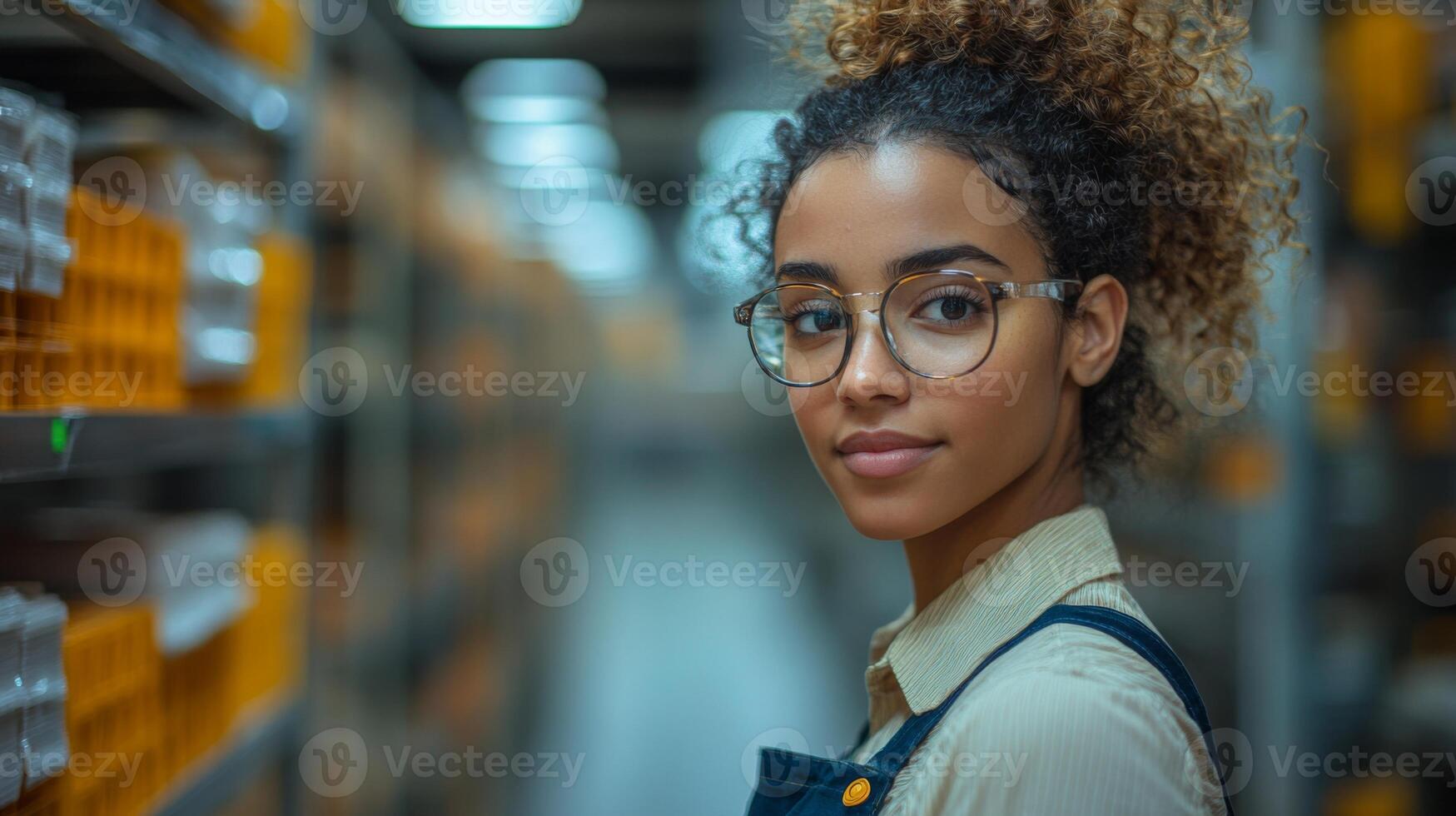 A young woman wearing glasses and a work uniform stands confidently among shelves of construction materials, emphasizing her role in mining, extraction, and building processes. photo