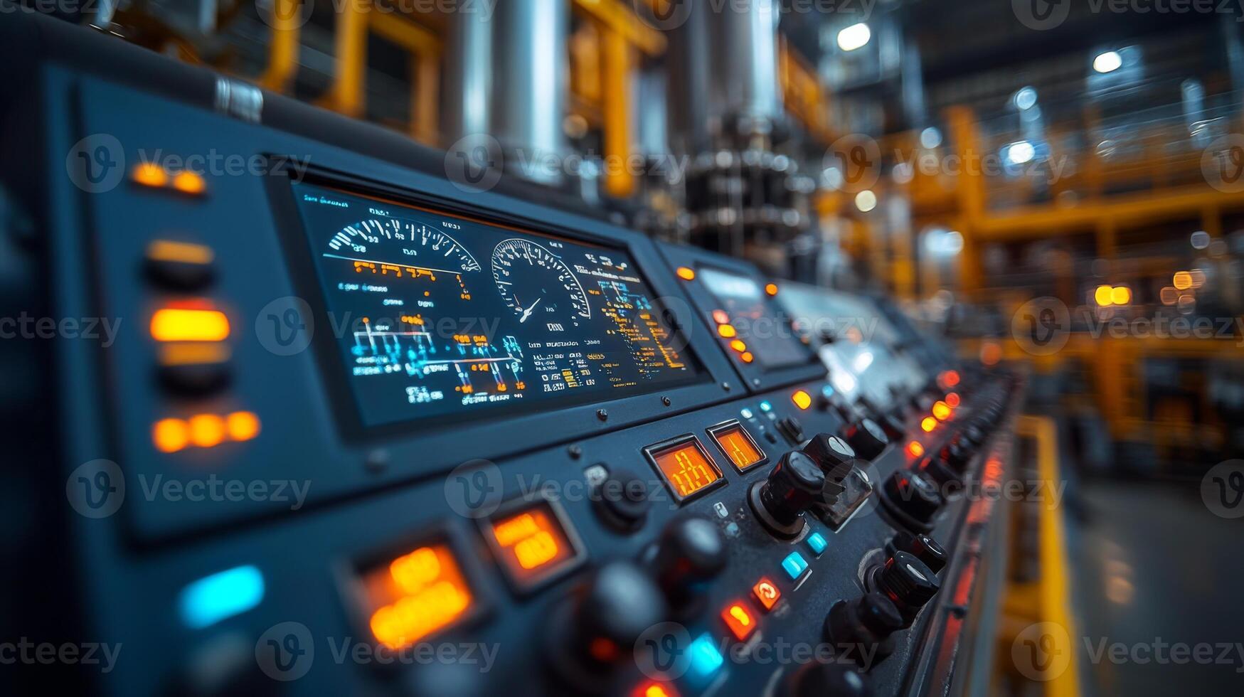 A detailed control panel shows various gauges and indicators, demonstrating advanced technology used in mineral extraction and processing within a large facility. photo
