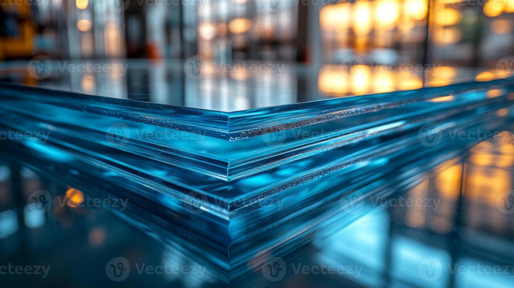 Stacks of clear blue glass sheets rest on a reflective surface, capturing warm sunset light in a contemporary construction environment focused on fabrication. photo