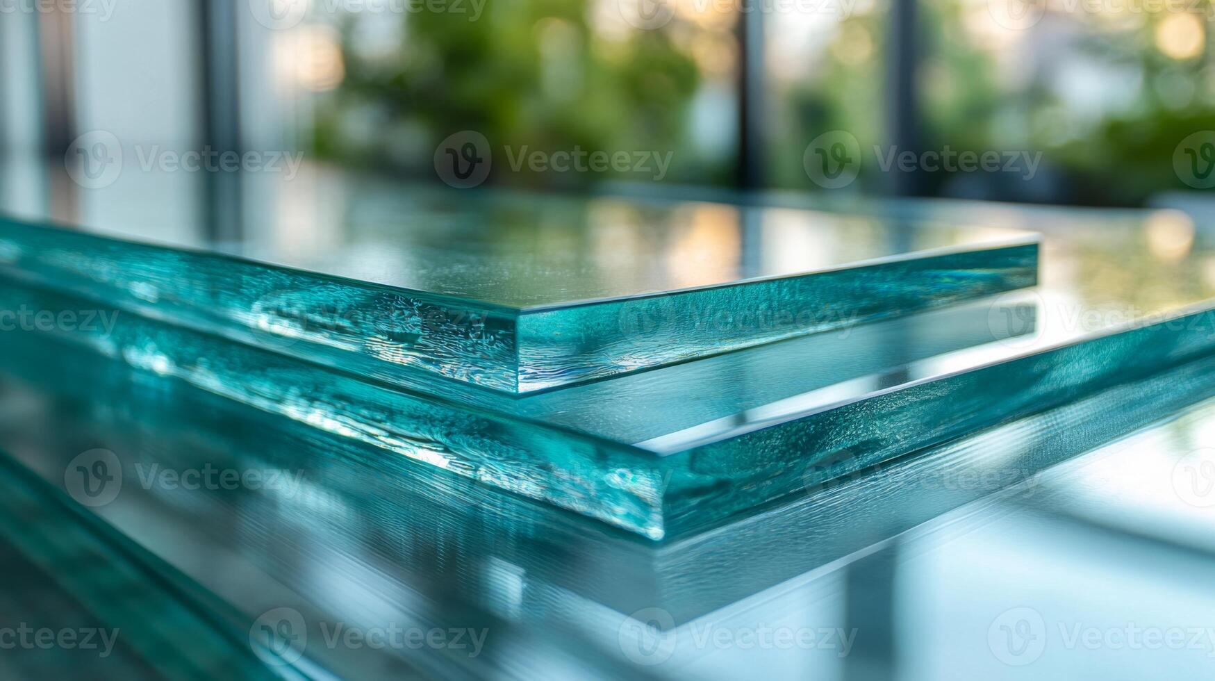 Transparent glass panels are stacked neatly, demonstrating their smooth surface and reflective qualities. The setting features natural light filtering through greenery. photo