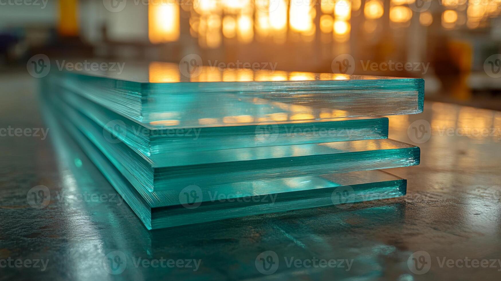 Multiple sheets of blue glass are neatly stacked on a surface in a workshop, illuminated by the warm light of the setting sun, showcasing clear craftsmanship and preparation for fabrication. photo