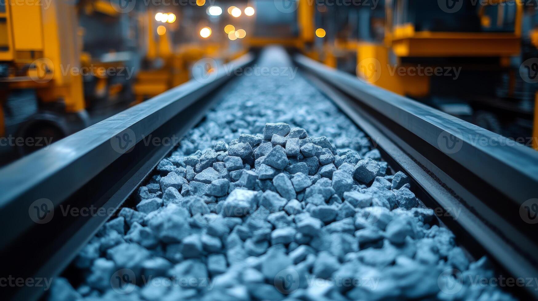 Crushed stone rolls along a rail line in a mining facility, showcasing materials essential for excavation and construction, highlighted by industrial lighting. photo