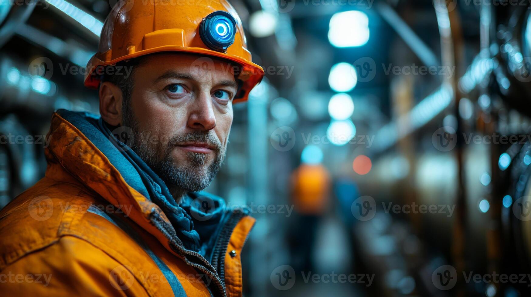 An experienced worker wearing a safety helmet stands in a dimly lit mining facility, overseeing the extraction and processing of materials while other workers are engaged in similar tasks nearby. photo