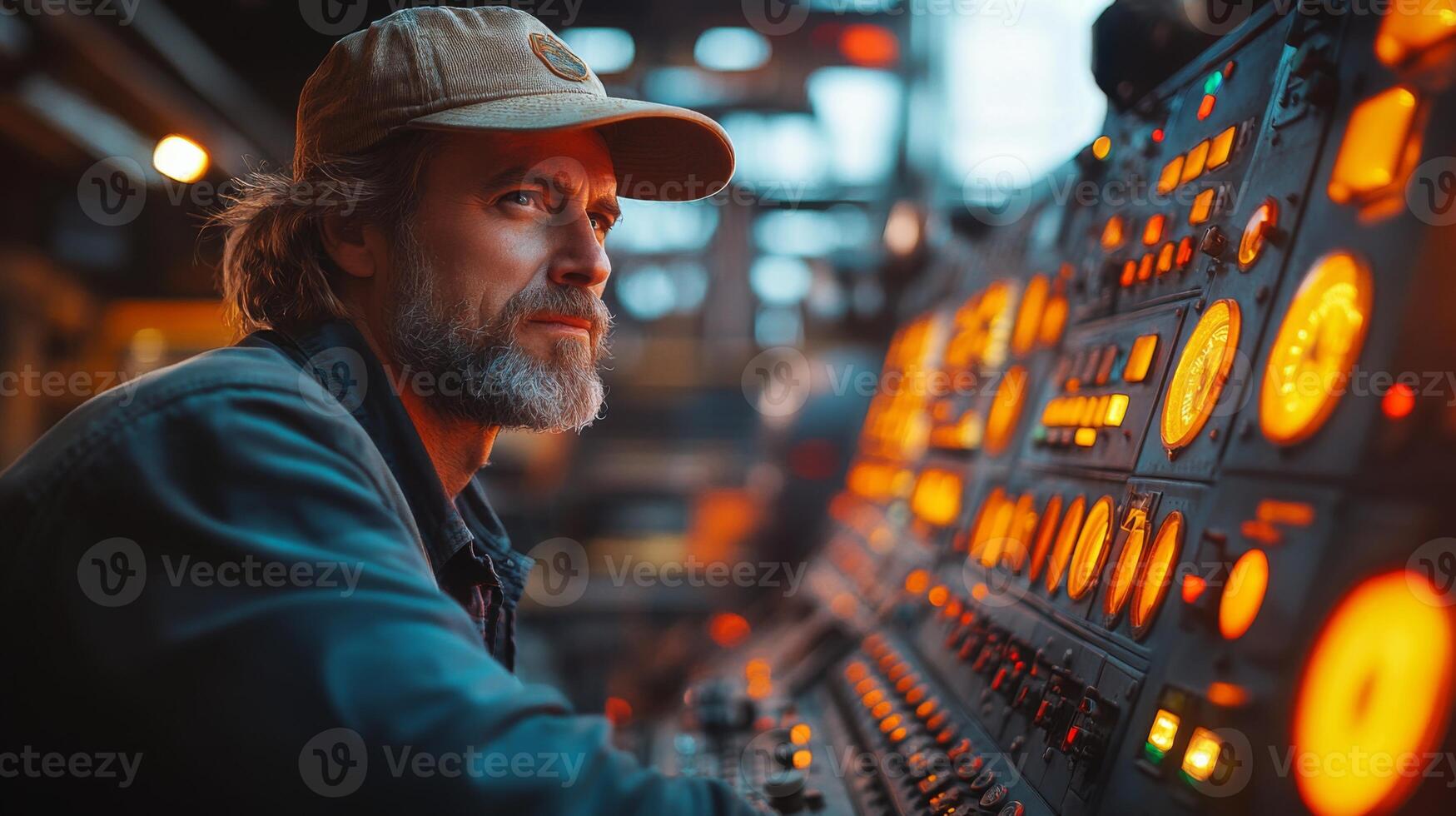 A skilled operator manages complex machinery at a mining site, surrounded by glowing orange control panels that highlight the high tech environment crucial for extraction operations. photo