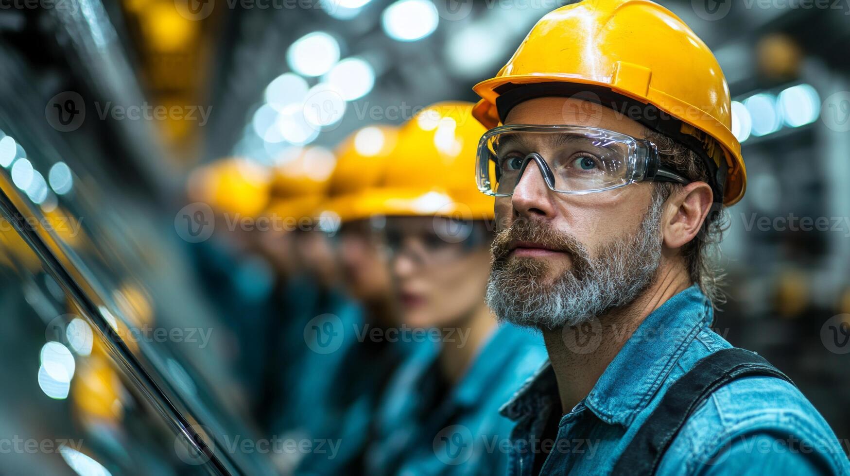 Workers involved in mining and excavation are shown wearing safety helmets and goggles inside an industrial facility. They are focused on their tasks, ensuring safety and efficiency in their roles. photo