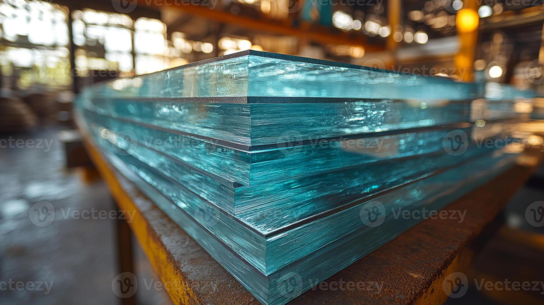 Workers are engaged in the production of blue glass sheets made for various applications in construction, showcasing a busy and well equipped factory environment. photo